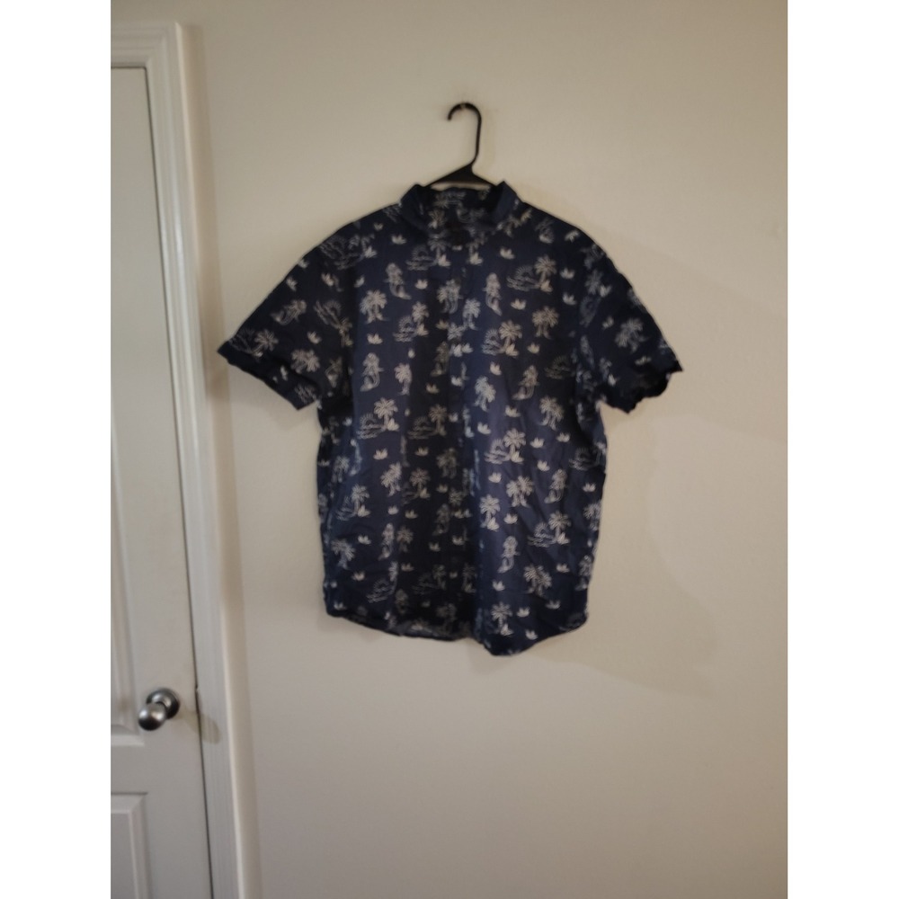 No Boundaries Navy Blue Mermaid Palm Tree Print Button Down Shirt Womens
